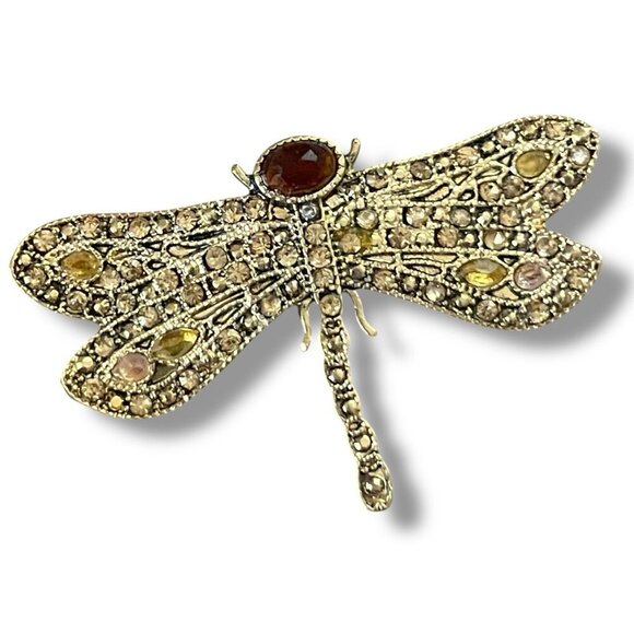 Vintage Monet Dragonfly Brooch Gold Tone Amber Rhinestone Pin Costume Jewelry - Picture 1 of 10